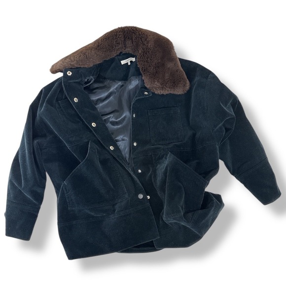 Ganni Ridgewood Corduroy Wm Sz 36 Barn Coat Navy Fur Collar Snap Closure Scandi